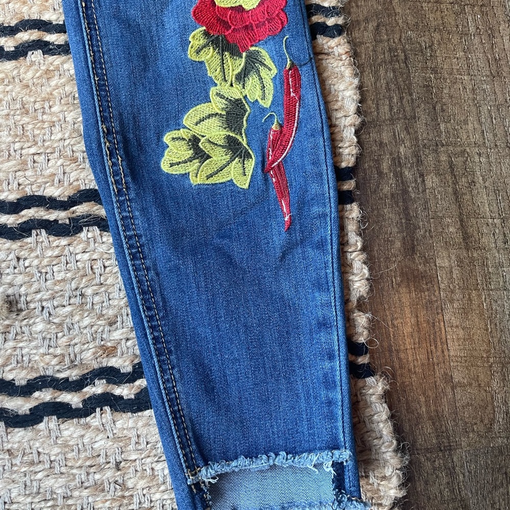 Indigo Rein Blue Skinny Jeans with Red & Green Floral Embroidery - Picture 3 of 6